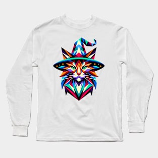 Geometric Witch Cat: Vibrant Polygon Art Long Sleeve T-Shirt